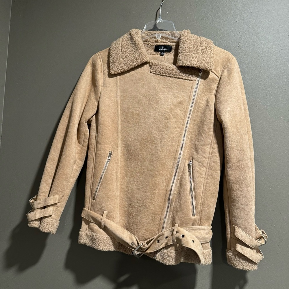 Lulus Latte Me Up Tan Suede Shearling Moto Jacket Size Medium